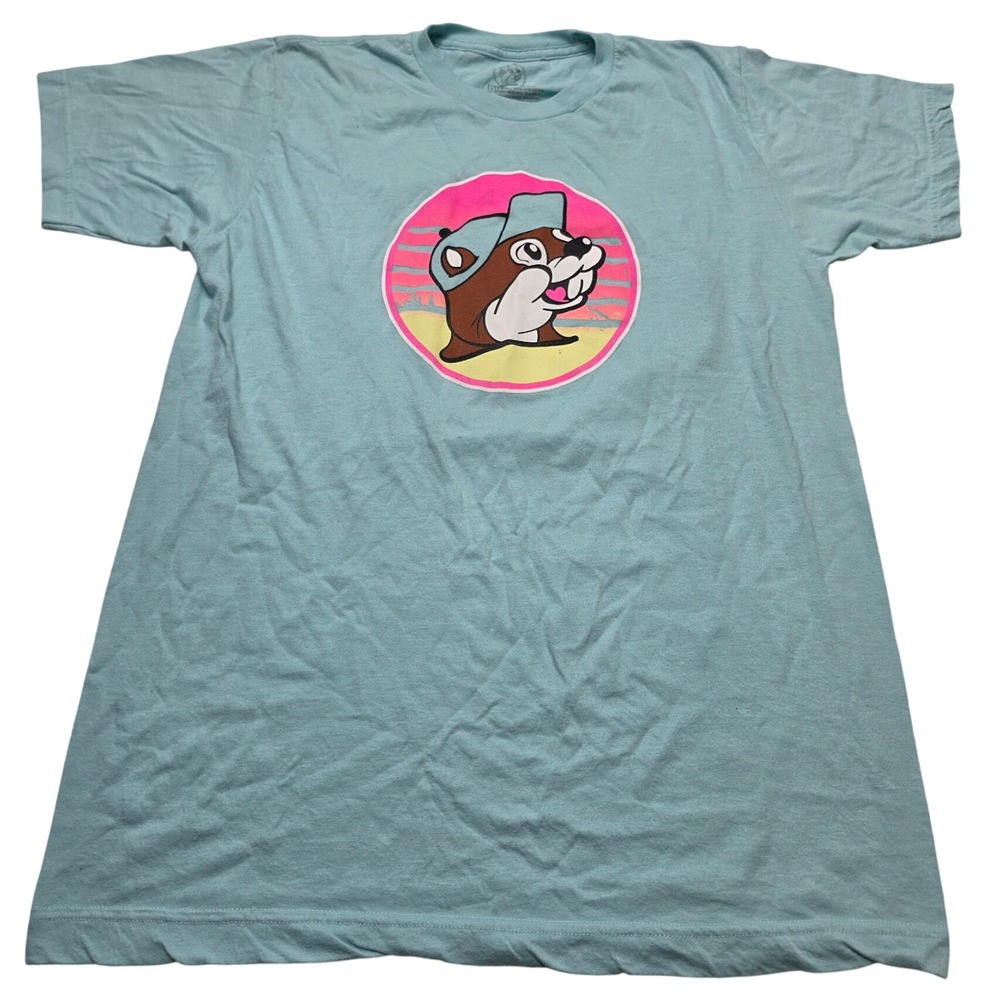 Buc-ees and the Beach Graphic T-Shirt Adult Medium Blue 80s Sunset Beaver Tee